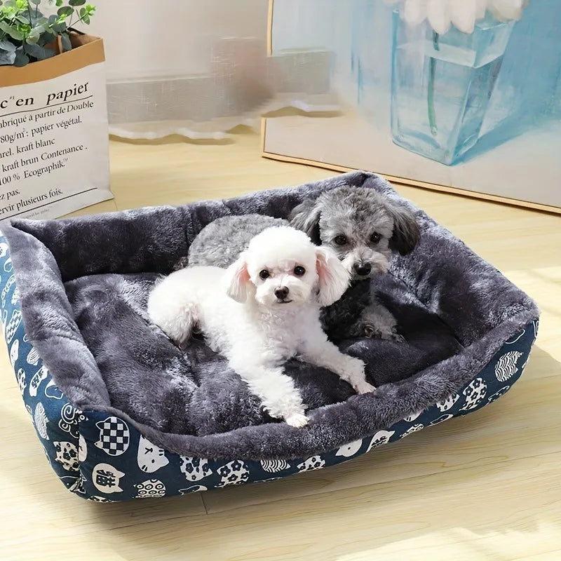 Two small poodle dogs, one white and one gray, lying on a plush, dark gray pet bed with raised edges and a blue patterned fabric exterior. The bed is placed on a light wooden floor near a decorative paper bag and a painting of a vase with flowers. Natural sunlight casts a warm glow on the scene.